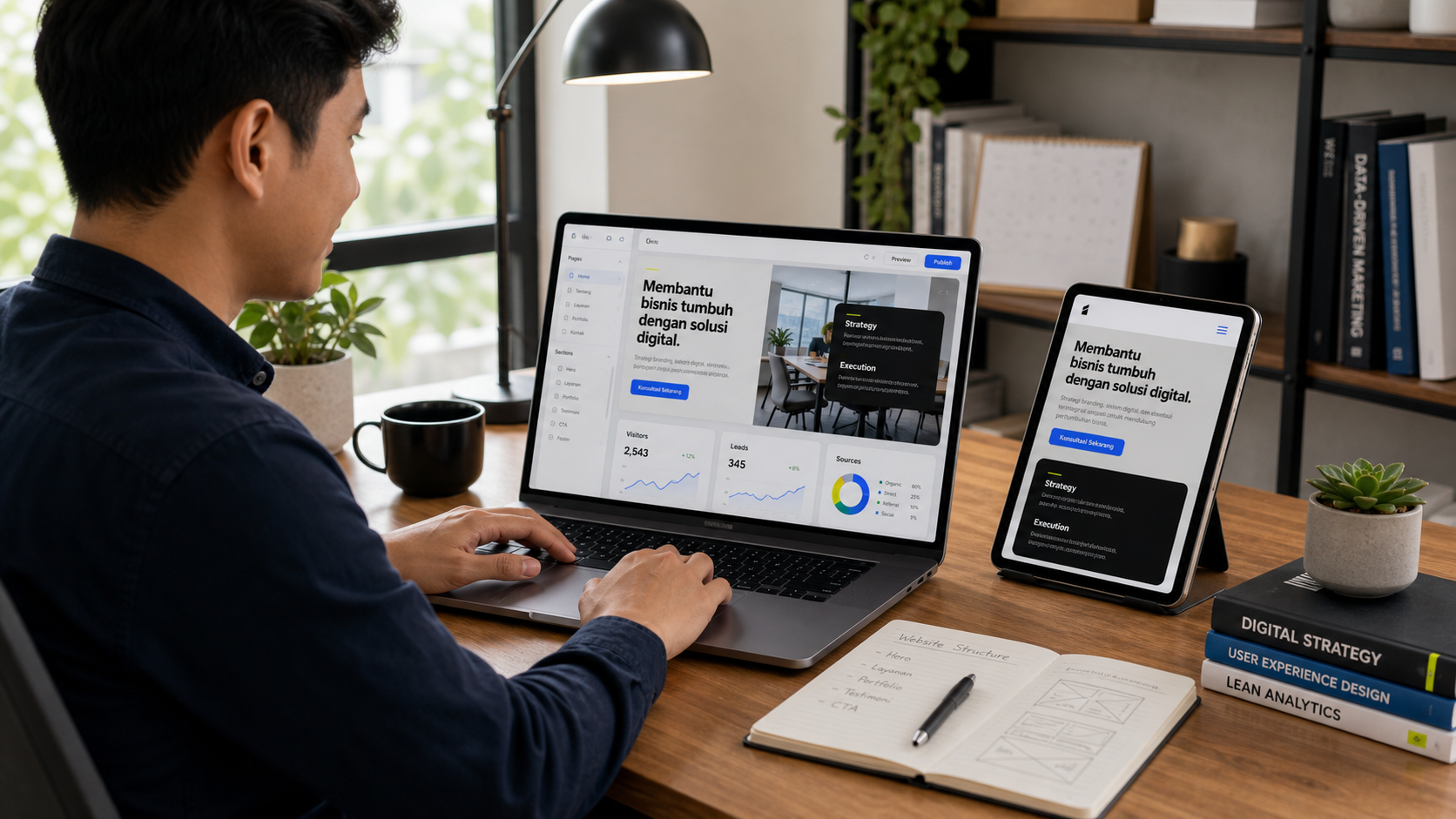 Website mockup and digital system portfolio in remote workspace